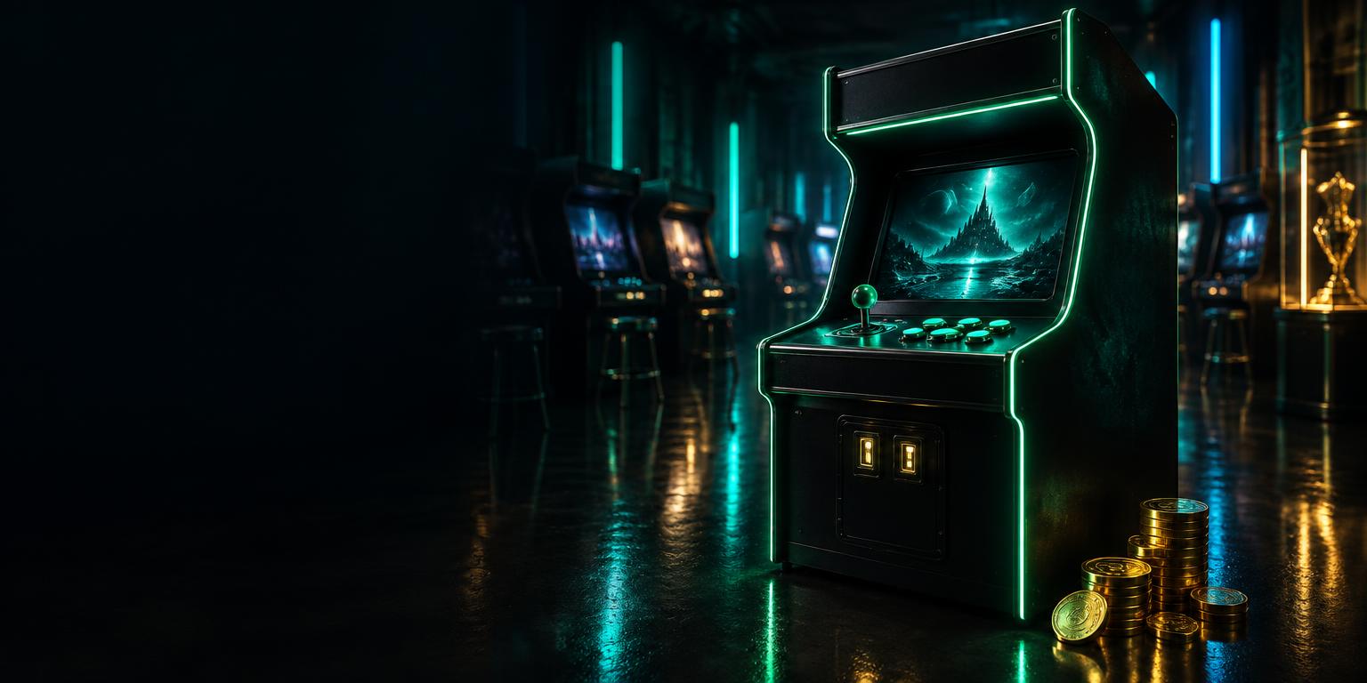 A neon arcade cabinet ready to play